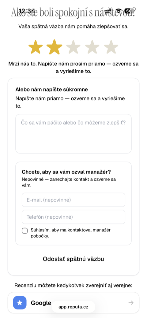 Reputa — recenzní stránka při hodnocení 2 hvězdy