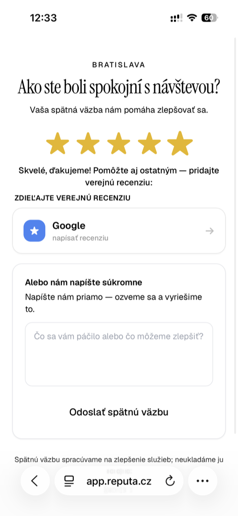 Reputa — recenzní stránka při hodnocení 5 hvězd